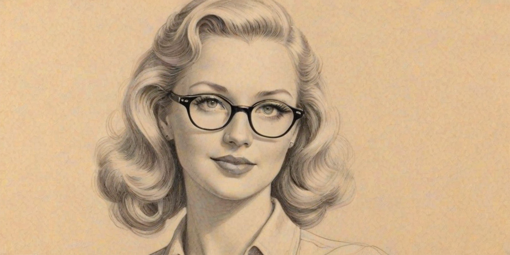 Appealing Melissa Peterman, pencil sketch, portrait of Enchanting woman 1937s in glasses, hair style beatnik, outline, clear lines, fine lines, 8k