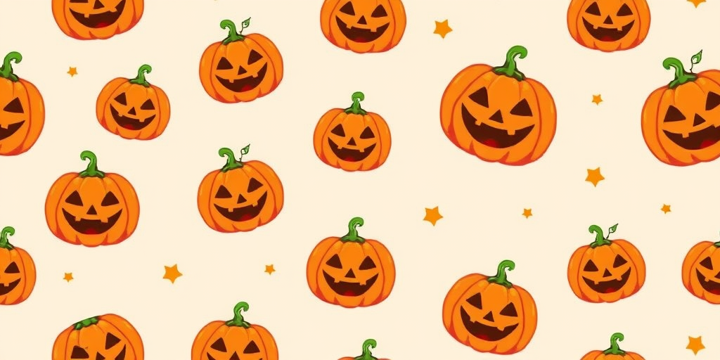 Create a pattern featuring cartoon-style pumpkins with smiling and mischievous expressions scattered evenly on a light beige background. The pumpkins should be bright orange with green stems and should vary slightly in size and orientation.