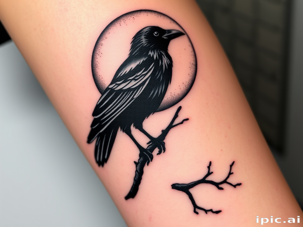 Illustrative blackwork tattoo named "Midnight Serenade" featuring a hauntingly beautiful scene of a raven perched on a moonlit branch, with stark black silhouettes and negative space creating a dramatic contrast against the skin