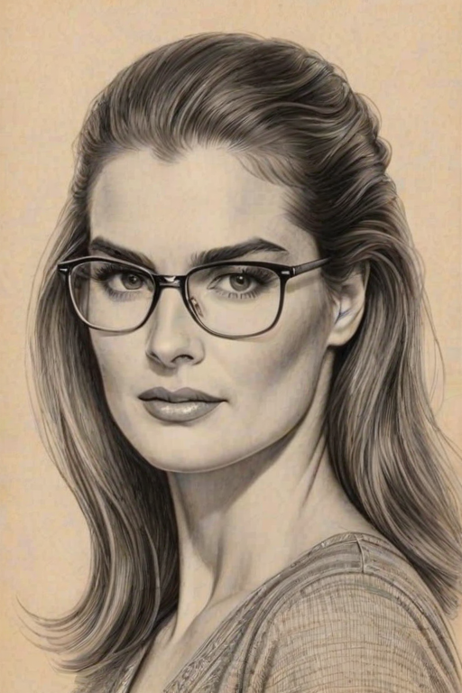 Enticing Brooke Shields, pencil sketch, portrait of Resplendent woman 1929s in glasses, hair style beatnik, outline, clear lines, fine lines, 8k