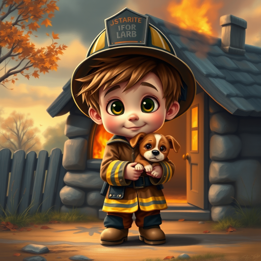 airbrushed oil painting, pixar style, cute little boy in fireman gear, helmet, tousled hair, expressive eyes, standing in the doorstep of a cottage burning behind him, holding a cute little dog in his arm, atumn sky