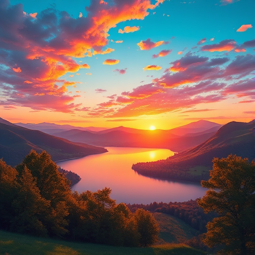 Create a vibrant digital illustration of a serene landscape at sunrise, featuring rolling hills, a calm lake reflecting the sky, and lush trees in the foreground, taken with a DSLR camera at f/8 aperture, ISO 100, 24mm focal length, using a wide-angle lens for an expansive view, and a soft focus effect for a dreamy quality.