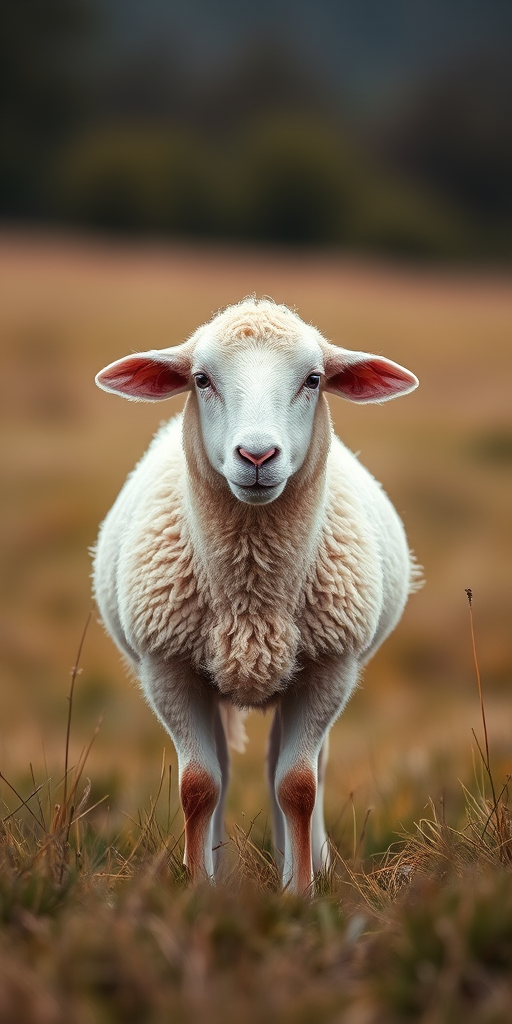 Regenerate an image of a sheep standing in a grassy field with a blurred background, using a Canon EOS R5, 85mm lens, f/1.8 aperture, ISO 100, and a shallow depth of field for enhanced focus on the sheep.