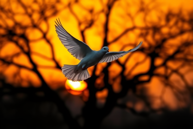 Regenerate the image of a white dove flying in front of a silhouetted tree at sunset, with vibrant orange and golden hues; use a DSLR camera with a 50mm lens, aperture f/1.8, ISO 200, and a shallow depth of field to enhance image quality.