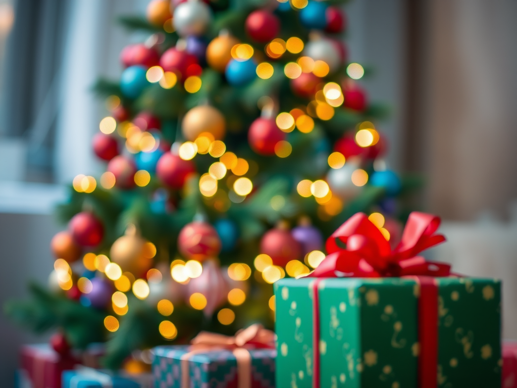 Create a blurred image of a beautifully decorated Christmas tree with colorful ornaments and twinkling lights. The background should be softly out of focus, emphasizing the festive atmosphere. Include some wrapped presents in the foreground to enhance the holiday spirit.