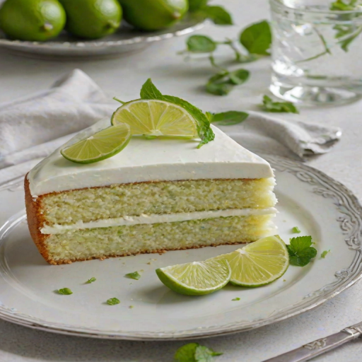 Create an image of a slice of lime cake on a silver plate. The cake should have light grey layers filled with a vibrant green lime filling. Include a few lime slices and mint leaves on the side. The setting should have a soft, subtle background to emphasize the cake.