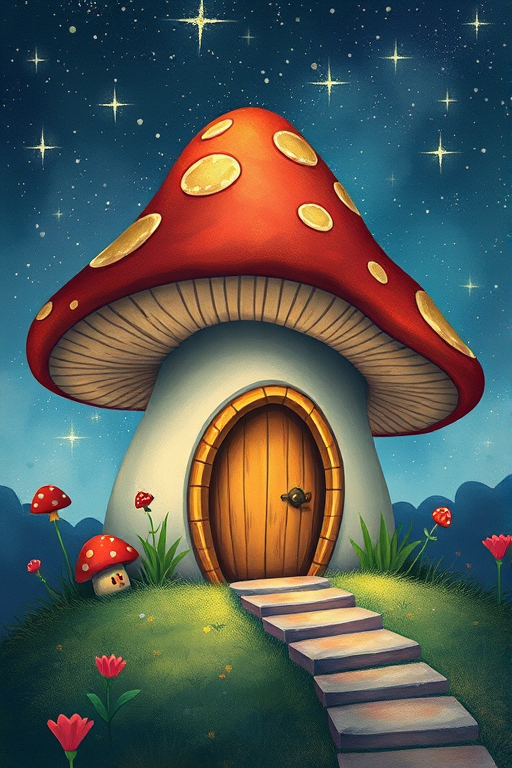 generate illustration of a mushroom house with a door and a window, a storybook , fantasy art, mushroom house, bg starry sky, sparkles