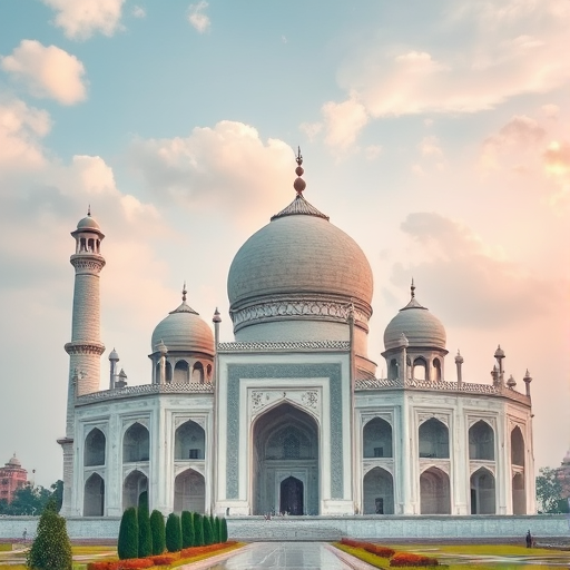 Generate a high-resolution digital painting of a grand white marble mausoleum with multiple domes and minarets, set against a slightly cloudy sky, with an emphasis on soft watercolor textures, taken with a DSLR camera at f/4 aperture, 35mm focal length, and a low-angle view to capture the height of the structure, using a vibrant color palette for a dreamy atmosphere.