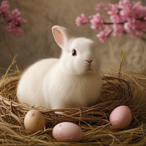 A Cute White Bunny Nestled Among Colorful Easter Eggs and Blossoms.