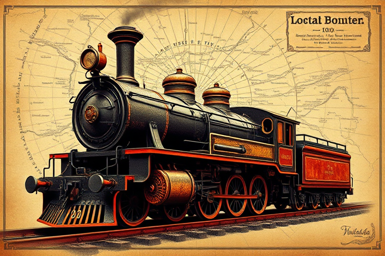 Create a vintage-style illustration of a steam locomotive with intricate details, set against a faded map background, captured with a DSLR camera at f/8 aperture, ISO 100, 50mm lens, and a 1/125 sec shutter speed for enhanced clarity and depth.