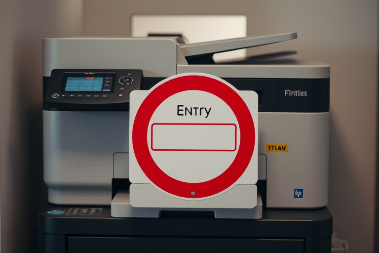 Create a high-resolution image of a printer with a "no entry" sign in front, captured with a DSLR camera using a 50mm lens at f/1.8, ISO 100, and a shutter speed of 1/200s, from a slightly elevated angle to emphasize the printer and sign, with soft lighting to enhance details and contrast.