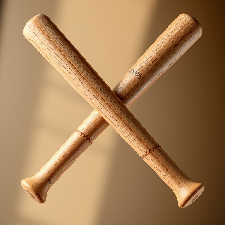 Create a high-resolution digital illustration of two wooden baseball bats crossed in an X shape, using a Canon EOS R5 with an aperture of f/4, ISO 100, and a focal length of 50mm from a slightly elevated front view, in soft natural lighting for enhanced detail and texture.