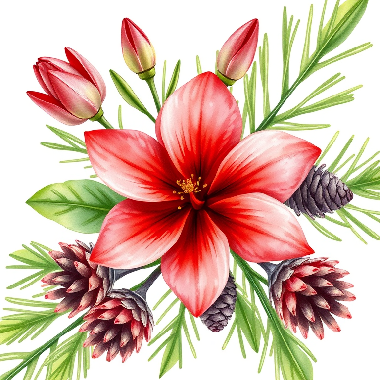 Create a high-resolution watercolor illustration of a vibrant red flower with green leaves and pinecones, shot with a Canon EOS 5D Mark IV at f/4, 1/200s shutter speed, ISO 100, in natural soft lighting for enhanced detail and depth.