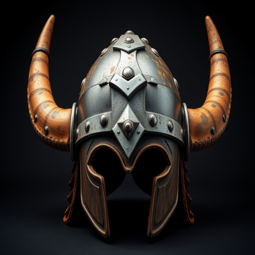 Create a highly detailed image of a Viking horned helmet, front view, using a DSLR camera with a 50mm lens, aperture f/2.8, ISO 100, and a studio lighting setup for optimal clarity and texture enhancement.