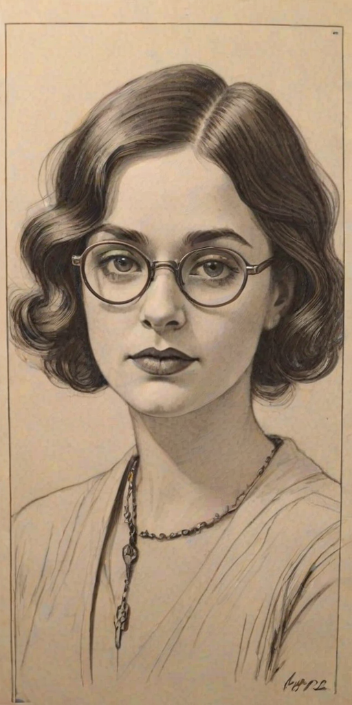 Enchanting Charley Koontz, pencil sketch, portrait of Pleasing woman 1923s in glasses, hair style beatnik, outline, clear lines, fine lines, 8k