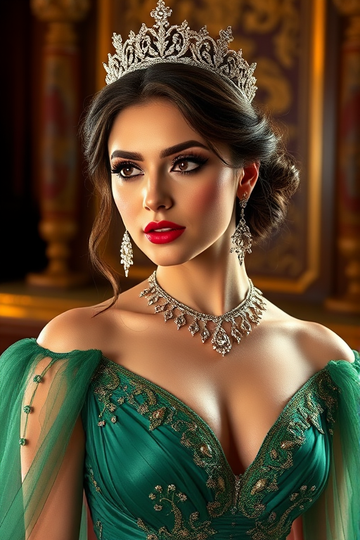 A gorgeous Chaldean woman in a luxurious green gown, accessorized with a dazzling tiara and statement earrings, her deep red eyes highlighted by impeccable makeup, poised in a royal setting, photorealistic, 8K quality