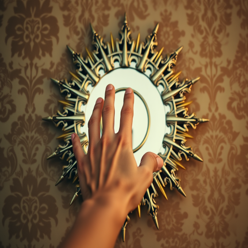 Create an image of a hand reaching towards a stylized sun mirror with intricate spikes, set against a vintage damask background, captured with a 50mm lens at f/1.8, ISO 100, and a soft focus, using a DSLR camera.