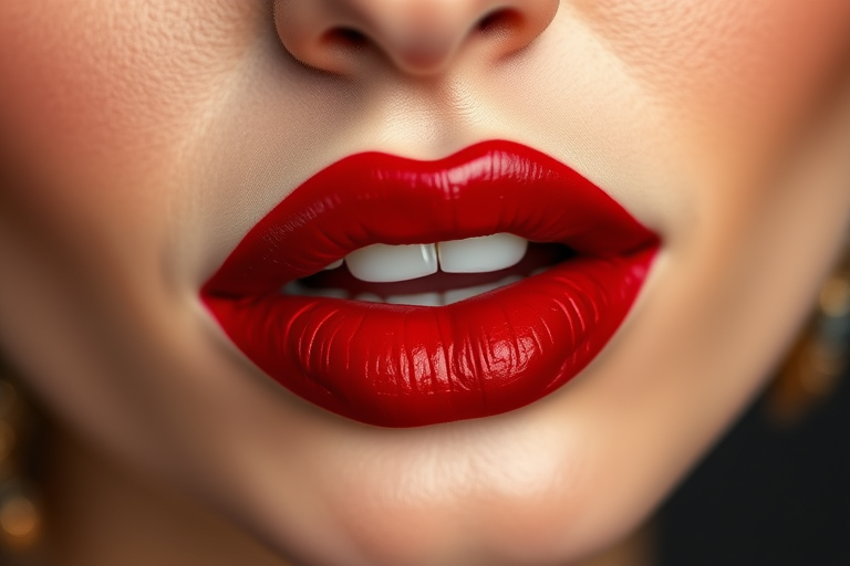 Opulent "Ruby Royale" liquid lipstick adorns lips in rich, jewel-toned red with a velvety matte finish and exceptional color payoff for timeless glamour