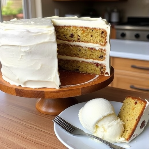 A delicious layered cake with cream frosting on a wooden cake stand with a slice removed served beside a scoop of ice cream on a plate with a fork resting next to it and a cozy kitchen setting in the background.