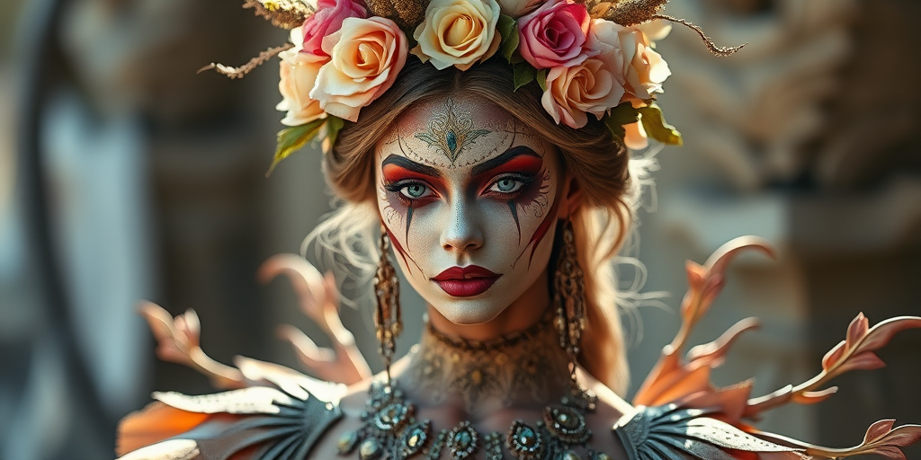Create a portrait of an elegant fantasy creature with elaborate facial paint and a crown of flowers, wearing an ornate, nature-inspired costume adorned with jewels, captured in soft natural light with a shallow depth of field using a Canon EOS R5 with a 50mm f/1.2 lens, ISO 100, aperture f/1.8, and a slight vignette effect for added depth.
