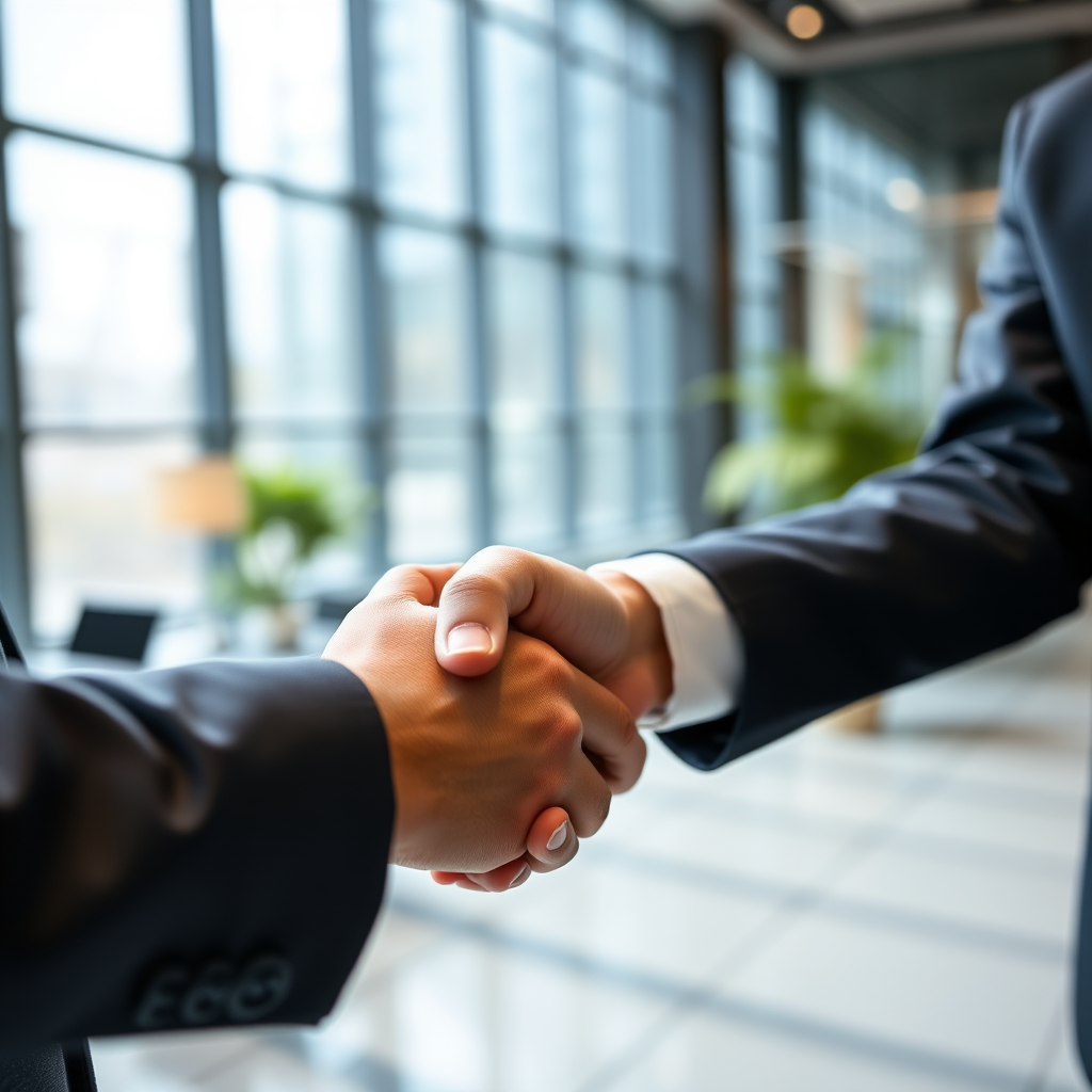 A close-up shot of two people shaking hands in a modern office environment, with a shallow depth of field to blur the background, taken with a DSLR camera at f/2.8, 50mm lens, ISO 200, and a soft natural light for an elegant atmosphere.