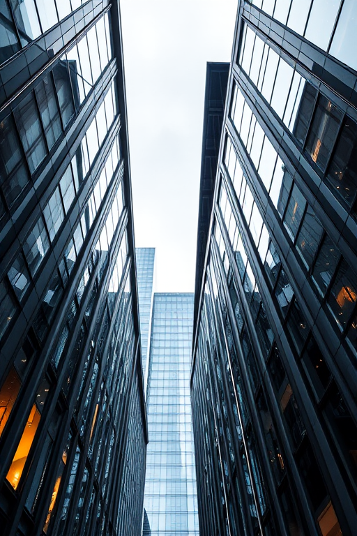 isometric view of three modern buildings with glass windows and sleek designs, high resolution, 50mm lens, f/8 aperture, 1/100 sec shutter speed, DSLR camera
