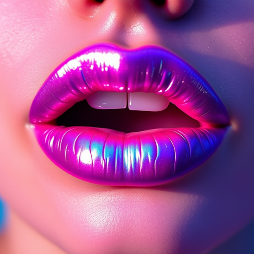 Holographic iridescent lips shifting colors in the light, from lavender to teal, futuristic and enchanting, pushing the boundaries of lip artistry