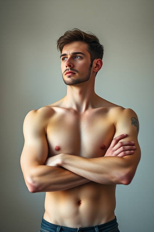 Create a high-resolution image of a thoughtful, shirtless man standing with his arms crossed, using a DSLR camera at 50mm, f/1.8 aperture, ISO 100, natural lighting, in a studio setting, with a depth of field effect to enhance the background blur.