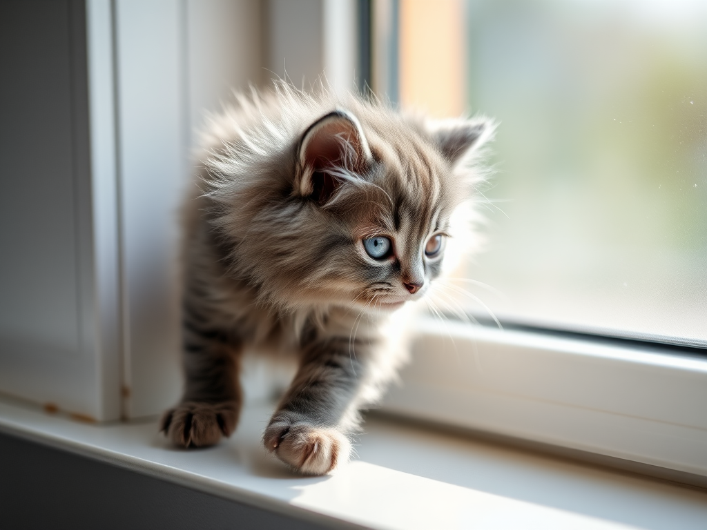 A close-up shot of a fluffy gray kitten walking along a windowsill, natural light directing from the side, using a 50mm lens at f/1.8, ISO 200, shutter speed 1/200s, DSLR camera, portrait style, emphasizing soft focus on the background.