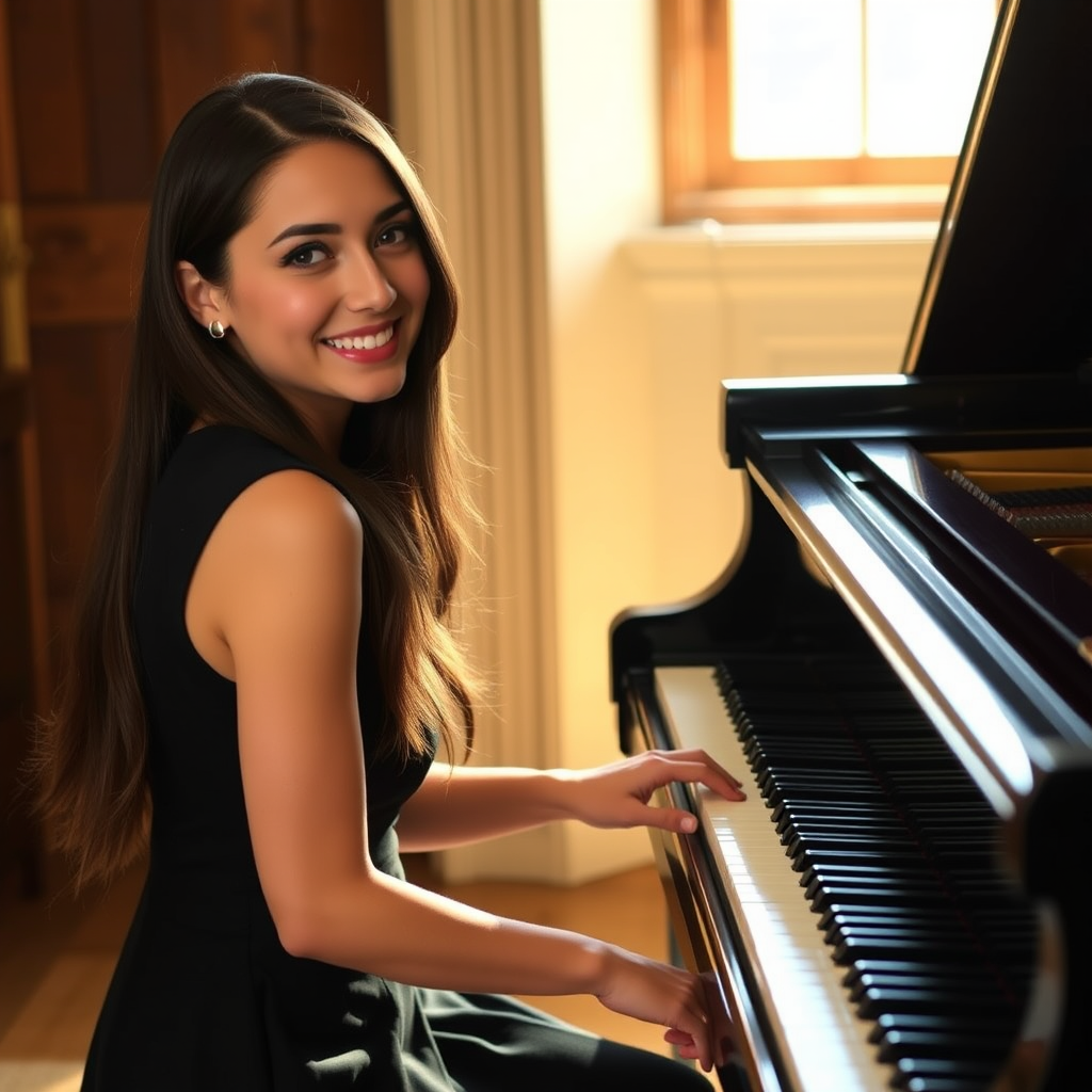 A young woman with long, dark hair smiles at the viewer as she sits at a grand piano, her right hand poised over the keys. The scene is lit by warm, natural light, highlighting the elegant simplicity of the woman's black dress. The perspective is from the side, emphasizing the contrast between the woman's delicate form and the grand scale of the piano. The ivory keys and dark wood of the piano create a striking visual contrast, further emphasized by the rich black of her dress.