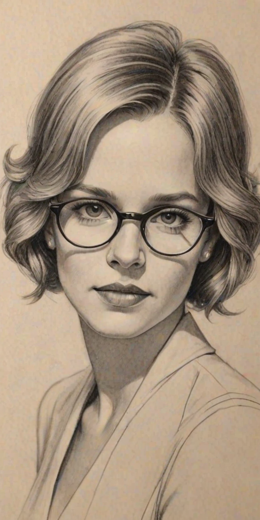 Attractive Andrea Barber, pencil sketch, portrait of Elegant woman 1929s in glasses, hair style beatnik, outline, clear lines, fine lines, 8k