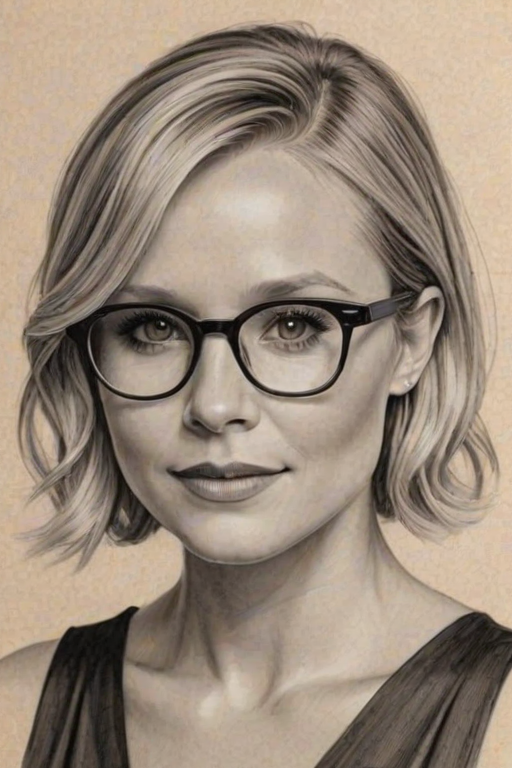 Magnificent Kristen Bell, pencil sketch, portrait of Dazzling woman 1931s in glasses, hair style beatnik, outline, clear lines, fine lines, 8k