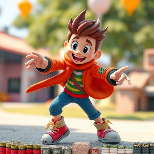 Create a high-resolution image featuring a stylized animated character in a dynamic pose, using a DSLR camera with a 50mm lens, aperture set to f/1.8, ISO 100, shot in natural light at eye level, with a shallow depth of field and vibrant colors.