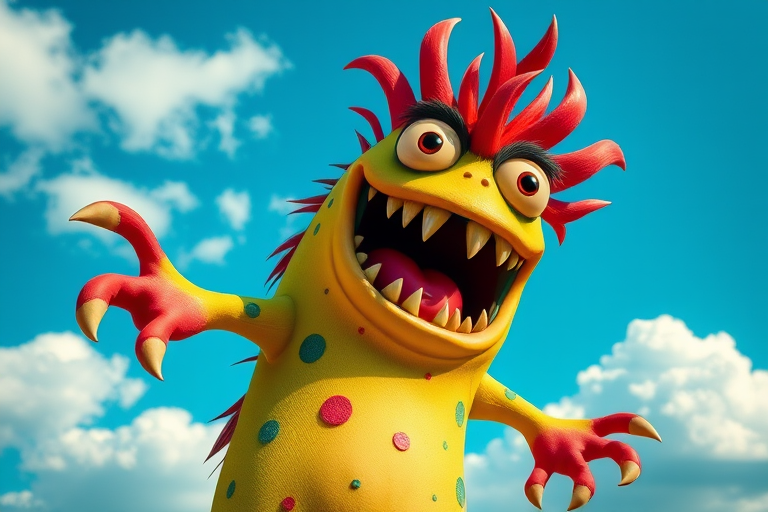 Regenerate a whimsical cartoon monster with exaggerated features, vibrant colors, and a playful expression, set against a bright blue sky with dynamic clouds; use a DSLR camera with a 50mm lens, f/2.8 aperture, ISO 100, and a wide-angle view to enhance the overall image quality.