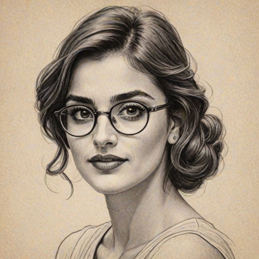 Delightful Pen'lope Cruz, pencil sketch, portrait of Charming woman 1920s in glasses, hair style beatnik, outline, clear lines, fine lines, 8k