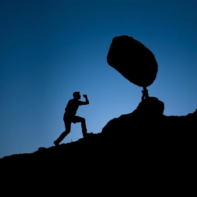 Create a silhouette image of a person pushing a large boulder up a hill against a gradient blue background, captured with a DSLR camera at f/4, ISO 100, 1/200 sec, using a wide-angle lens at a low angle to emphasize the struggle and height.