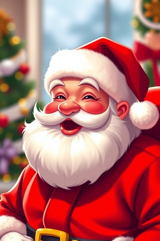 Create a high-resolution digital illustration of a Santa Claus character with a joyful expression, using a 50mm lens at f/1.8 for a shallow depth of field, in a bright, well-lit environment, captured with a digital DSLR camera to enhance clarity and color vibrancy.