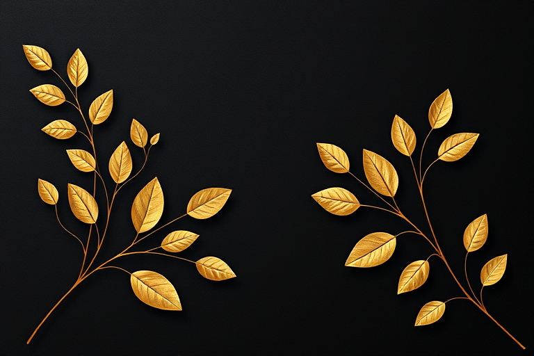 generate an image of a textured black background with elegant gold leaf designs featuring branches and leaves arranged in a minimalist style