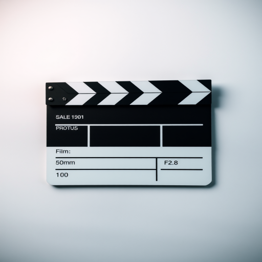 Create a high-resolution digital image of a black and white film clapperboard, with a 50mm lens at f/2.8, ISO 100, shot in a studio setting with softbox lighting, using a DSLR camera in a top-down view.