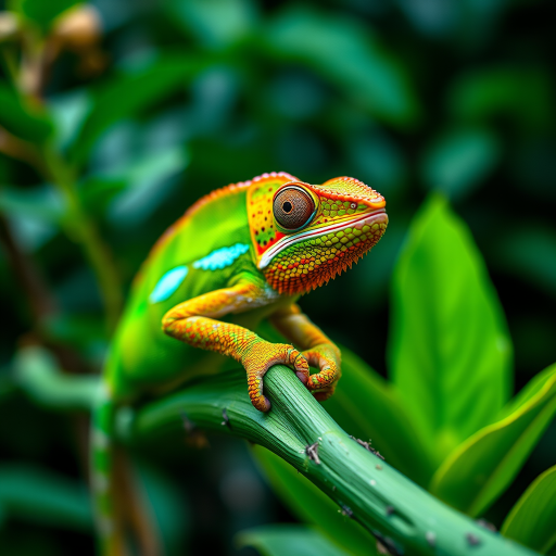 Capture a close-up of a vibrant chameleon perched on a green branch with lush foliage in the background, using a Canon EOS 5D Mark IV with a 100mm macro lens, aperture set to f/2.8 for a shallow depth of field, ISO 200 for clarity, and natural soft lighting to enhance colors.
