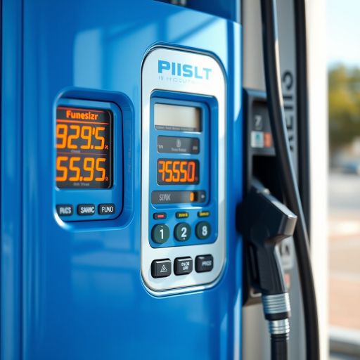 Create a 3D-rendered image of a futuristic fuel pump with a sleek blue design and digital display showing prices, use a Canon EOS R5 camera with a 50mm lens, aperture f/2.8, ISO 100, in natural light, focusing on the details of the fuel nozzle and display screen for enhanced clarity.