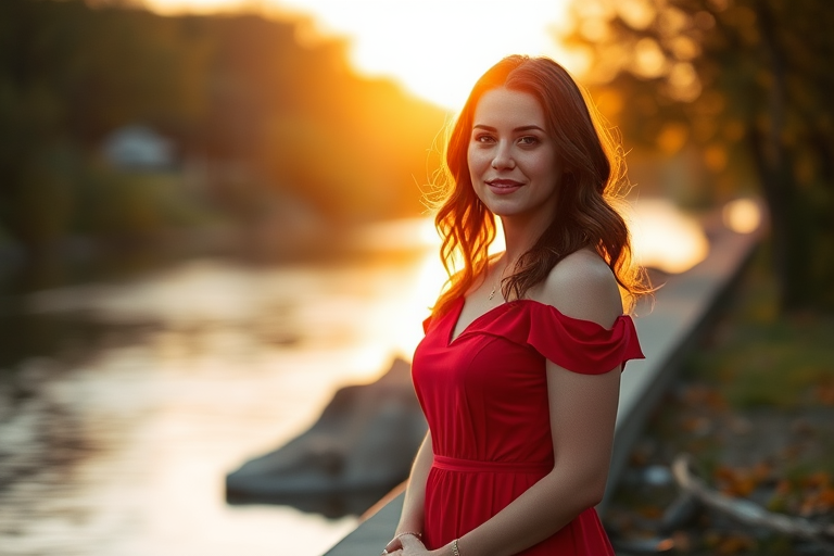 portrait of a woman in a red dress standing by a river during golden hour, soft focus background, ISO 200, f/2.8 aperture, 50mm lens, natural light, shallow depth of field, DSLR camera
