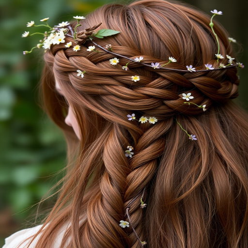 Warm chestnut brown hair woven into an intricate crown braid, adorned with tiny wildflowers and delicate vines, evoking the essence of a woodland fairy queen.