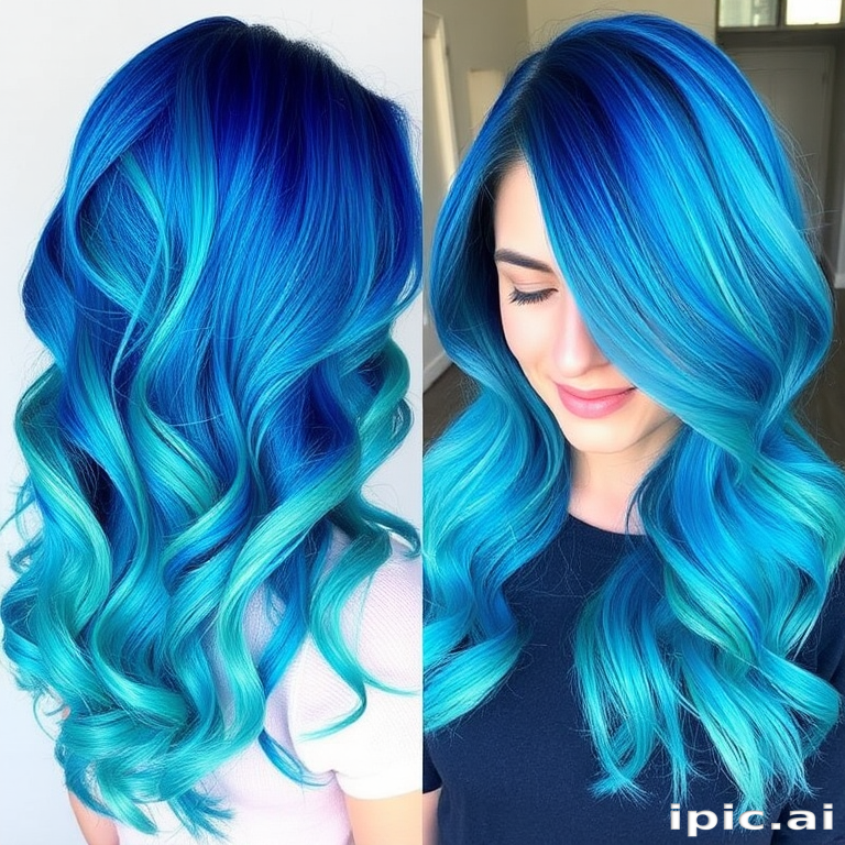 Cerulean blue to seafoam green color melt styled in mermaid waves, named "Oceanic Odyssey" hair, showcasing a pearlescent sheen and beach-inspired texture