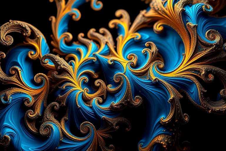 Generate a vibrant fractal art image featuring swirling patterns in blue and gold colors with a dark background, use a Canon EOS 5D Mark IV, aperture f/8, shutter speed 1/125 sec, ISO 100, shot from a close-up perspective, in a high dynamic range style.