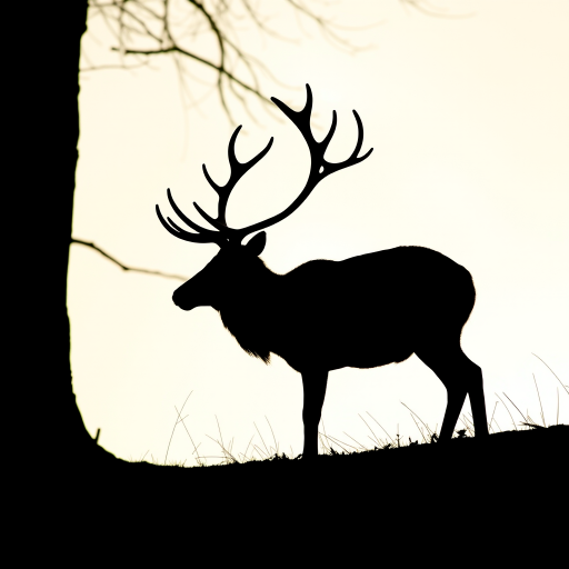 Create a high-resolution silhouette of a reindeer standing side profile, using a DSLR camera with a 50mm lens, aperture set to f/2.8, ISO 100, with natural backlighting to enhance the contour and details of the antlers.