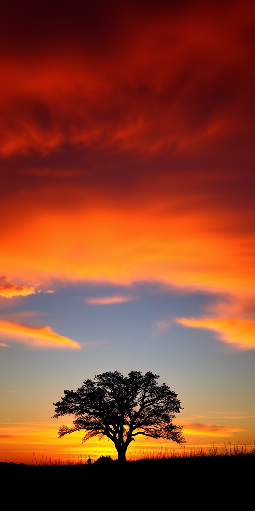 Create a vibrant sunset landscape with a silhouette of a tree in the foreground, ISO 100, f/8, 1/125s, wide-angle lens, captured with a DSLR camera from a low angle for dramatic effect.