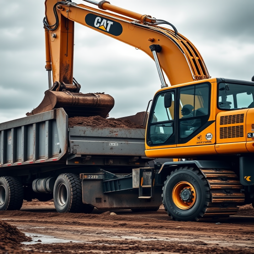 Regenerate an image of a yellow excavator loading dirt into a gray dump truck, captured with a Canon EOS 5D Mark IV, aperture f/8, ISO 100, focal length 50mm, shot from a low angle with a wide view to emphasize the machinery and surrounding environment.