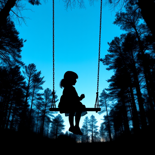 Create an image of a silhouette of a girl sitting on a swing surrounded by a forest with a circular blue sky backdrop, captured with a 50mm lens at f/1.8, ISO 200, and a slight vignette effect to enhance the atmosphere.