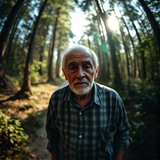 create an ethereal portrait of an elderly man walking through a sunlit forest path, with dramatic lighting and a shallow depth of field, taken with a Canon EOS R5, using a 16mm f/2.8 fisheye lens, at ISO 100 and an aperture of f/2.8, capturing the textures of his weathered skin and the surrounding foliage.